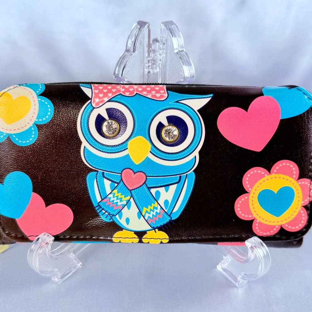 Owl Wallet Zip Around Snap Flap Clutch Diamond Eyes Hearts Scarf Blue Birds
